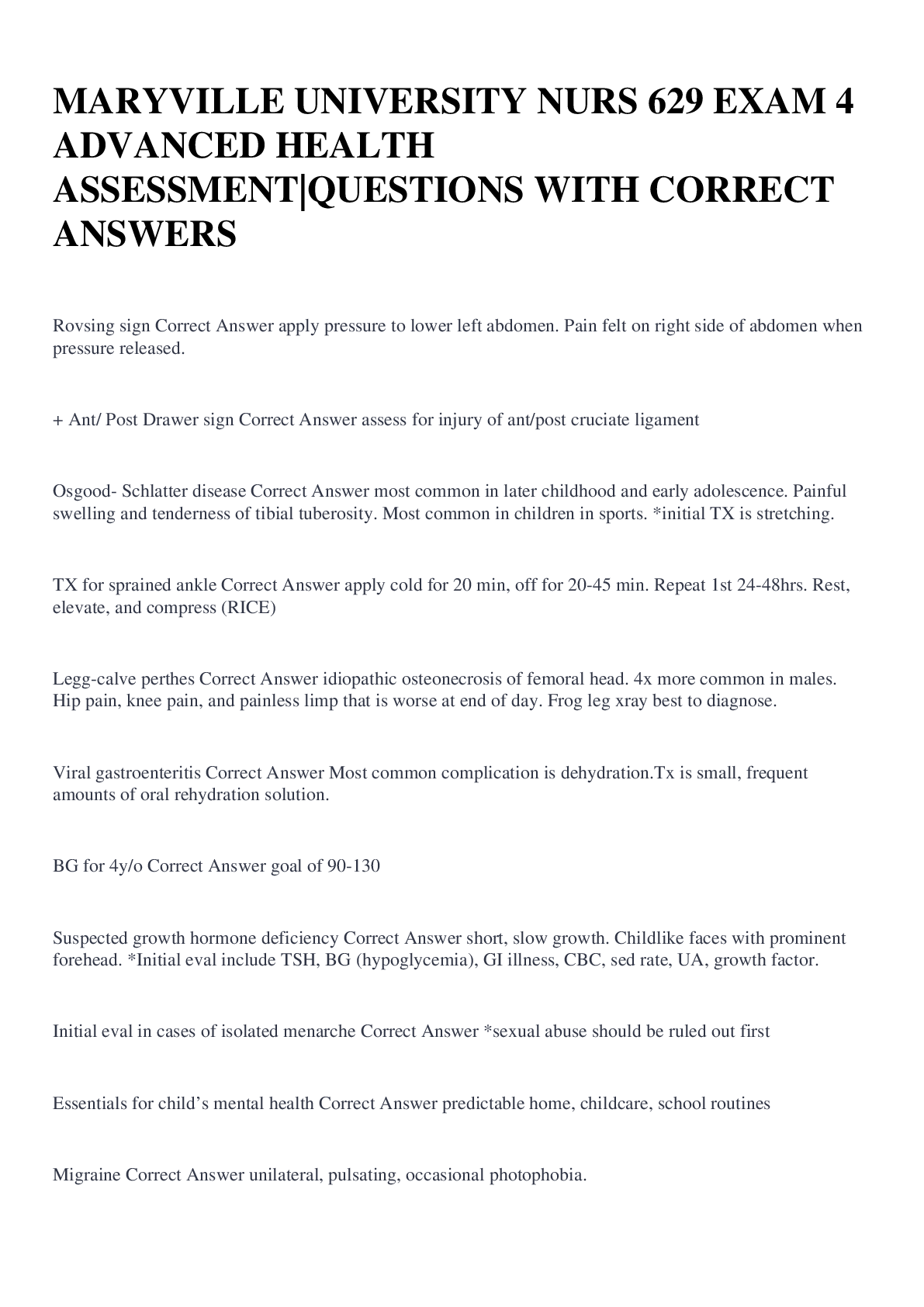 Preview image for MARYVILLE UNIVERSITY NURS 629 EXAM 4 ADVANCED HEALTH ASSESSMENT|QUESTIONS WITH CORRECT ANSWERS